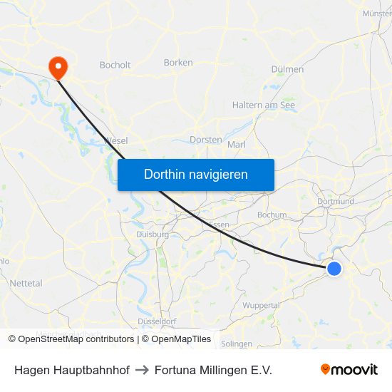 Hagen Hauptbahnhof to Fortuna Millingen E.V. map