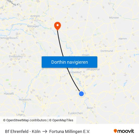 Bf Ehrenfeld - Köln to Fortuna Millingen E.V. map