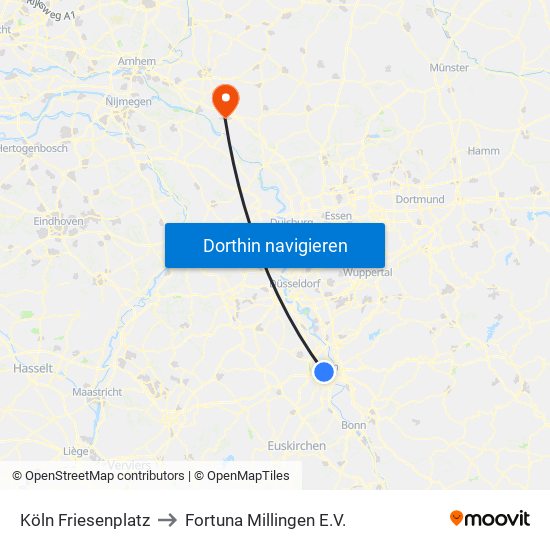 Köln Friesenplatz to Fortuna Millingen E.V. map
