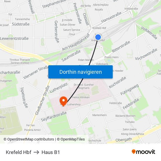 Krefeld Hbf to Haus B1 map