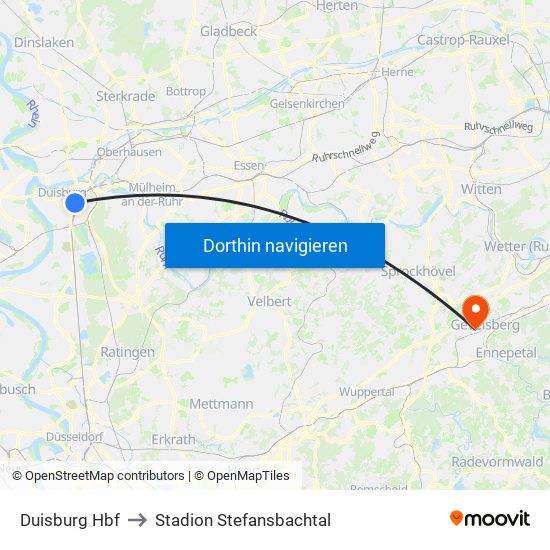 Duisburg Hbf to Stadion Stefansbachtal map