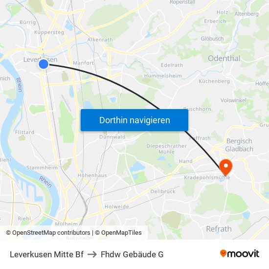 Leverkusen Mitte Bf to Fhdw Gebäude G map