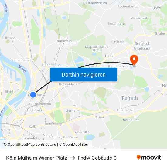 Köln Mülheim Wiener Platz to Fhdw Gebäude G map