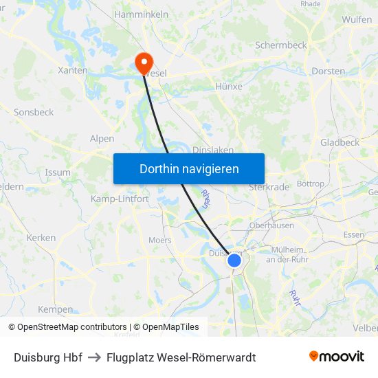 Duisburg Hbf to Flugplatz Wesel-Römerwardt map