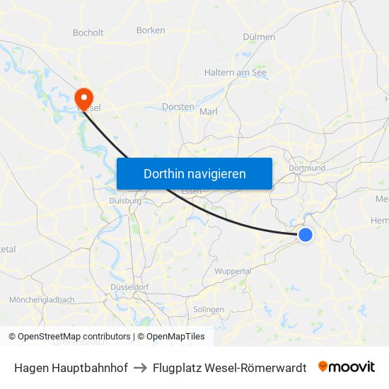 Hagen Hauptbahnhof to Flugplatz Wesel-Römerwardt map