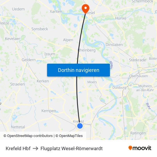 Krefeld Hbf to Flugplatz Wesel-Römerwardt map