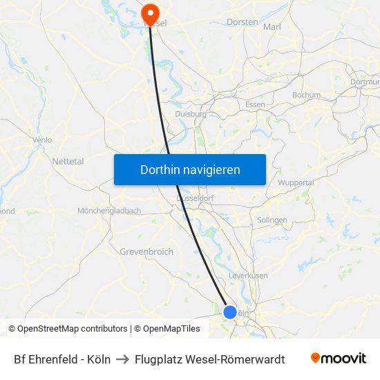 Bf Ehrenfeld - Köln to Flugplatz Wesel-Römerwardt map