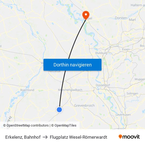 Erkelenz, Bahnhof to Flugplatz Wesel-Römerwardt map