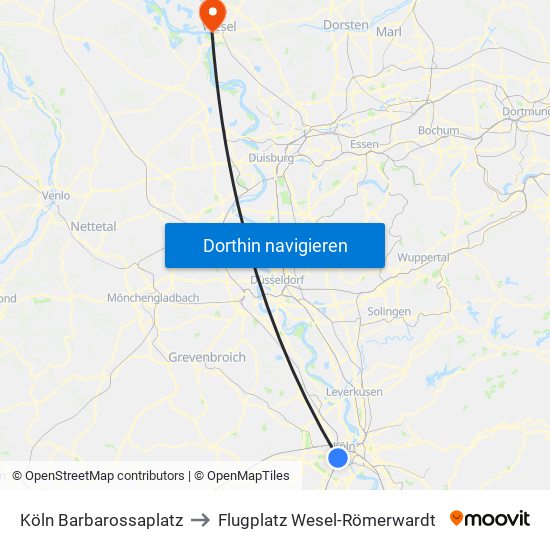 Köln Barbarossaplatz to Flugplatz Wesel-Römerwardt map