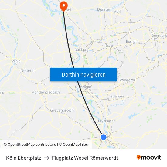 Köln Ebertplatz to Flugplatz Wesel-Römerwardt map