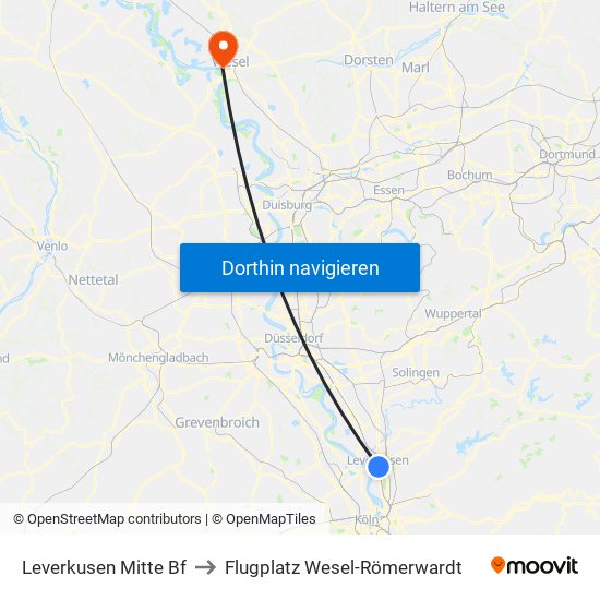 Leverkusen Mitte Bf to Flugplatz Wesel-Römerwardt map