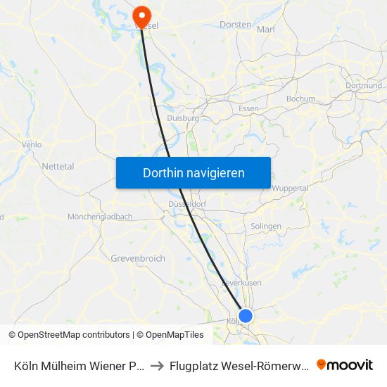 Köln Mülheim Wiener Platz to Flugplatz Wesel-Römerwardt map