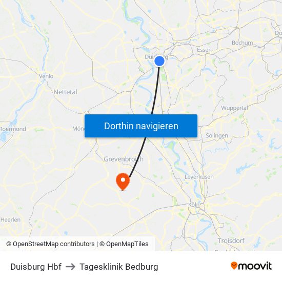 Duisburg Hbf to Tagesklinik Bedburg map