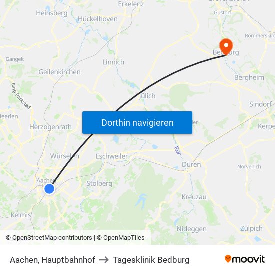 Aachen, Hauptbahnhof to Tagesklinik Bedburg map