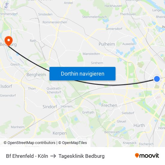 Bf Ehrenfeld - Köln to Tagesklinik Bedburg map