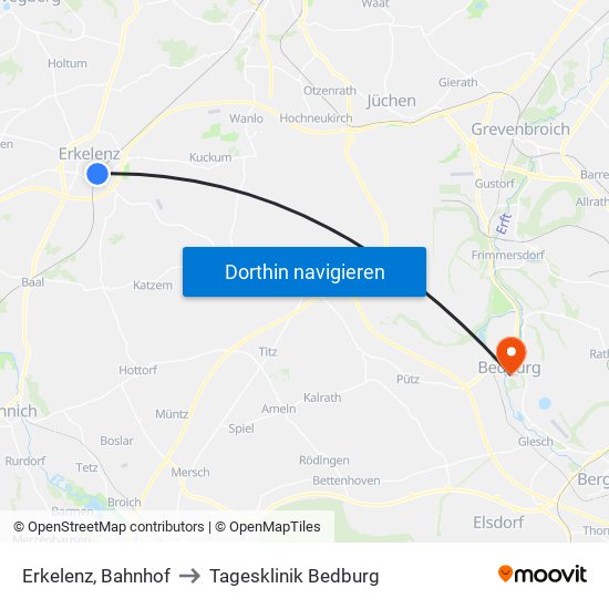 Erkelenz, Bahnhof to Tagesklinik Bedburg map