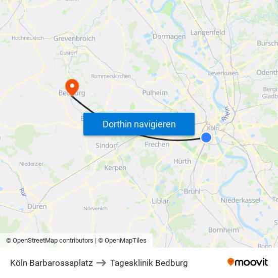 Köln Barbarossaplatz to Tagesklinik Bedburg map