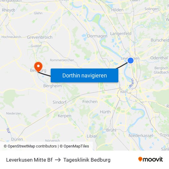 Leverkusen Mitte Bf to Tagesklinik Bedburg map