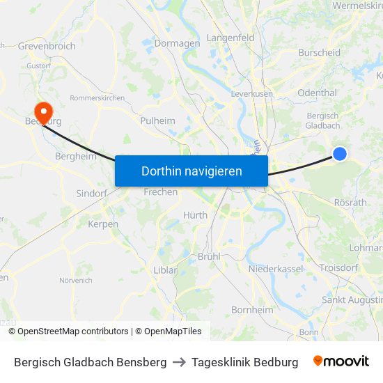 Bergisch Gladbach Bensberg to Tagesklinik Bedburg map