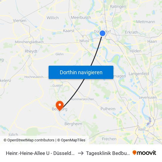 Heinr.-Heine-Allee U - Düsseldorf to Tagesklinik Bedburg map