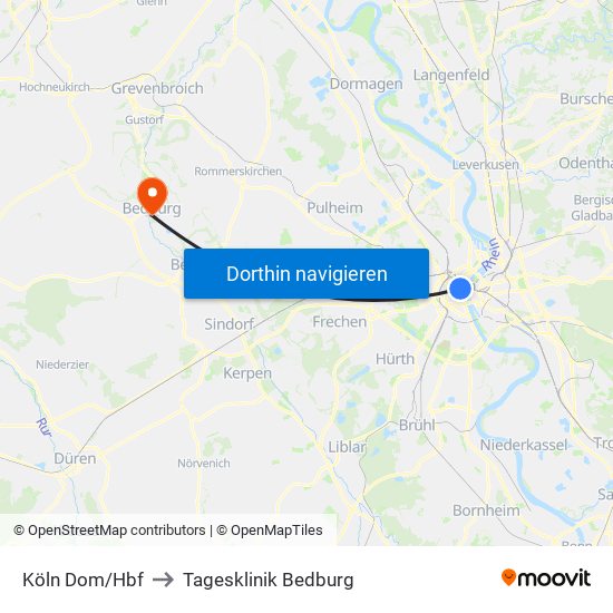 Köln Dom/Hbf to Tagesklinik Bedburg map