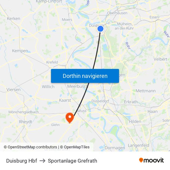 Duisburg Hbf to Sportanlage Grefrath map