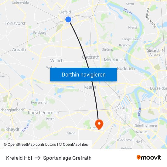 Krefeld Hbf to Sportanlage Grefrath map