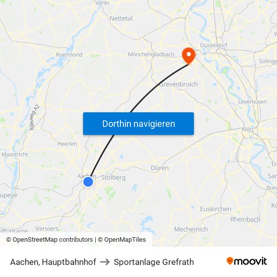 Aachen, Hauptbahnhof to Sportanlage Grefrath map