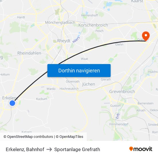 Erkelenz, Bahnhof to Sportanlage Grefrath map