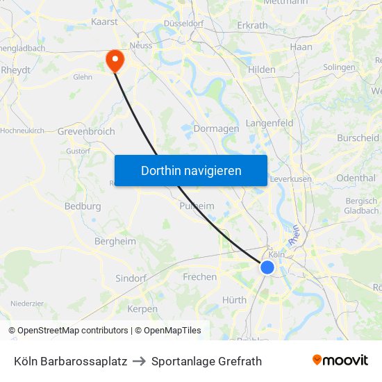 Köln Barbarossaplatz to Sportanlage Grefrath map