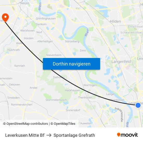 Leverkusen Mitte Bf to Sportanlage Grefrath map