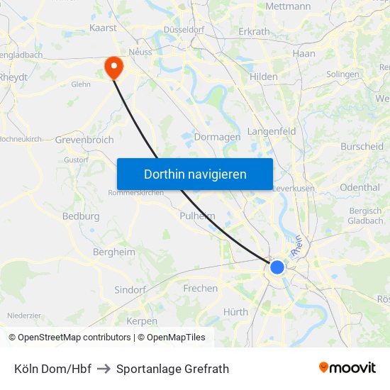 Köln Dom/Hbf to Sportanlage Grefrath map