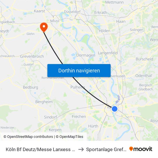 Köln Bf Deutz/Messe Lanxess Arena to Sportanlage Grefrath map