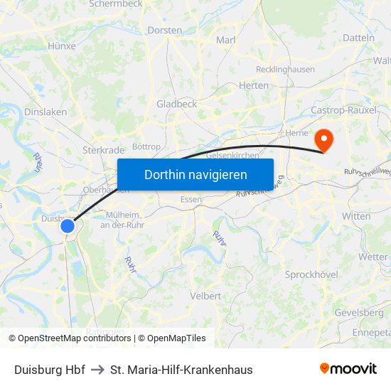Duisburg Hbf to St. Maria-Hilf-Krankenhaus map