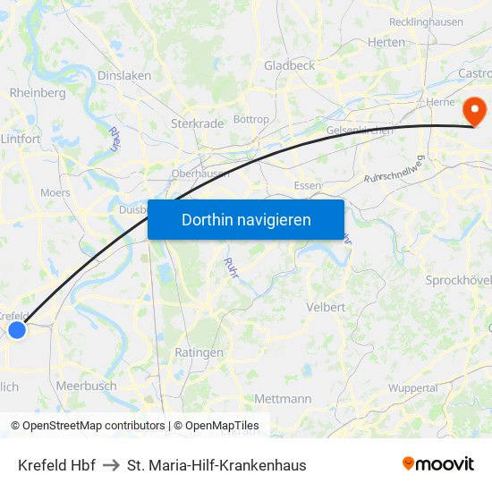 Krefeld Hbf to St. Maria-Hilf-Krankenhaus map