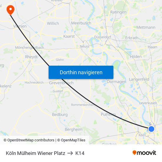 Köln Mülheim Wiener Platz to K14 map