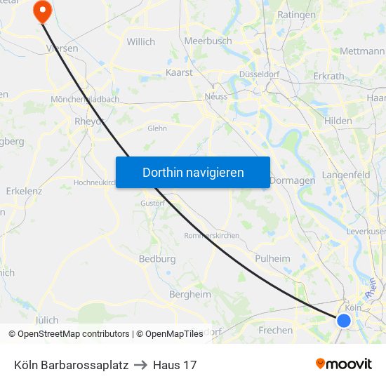 Köln Barbarossaplatz to Haus 17 map