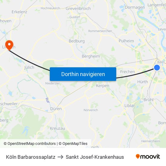 Köln Barbarossaplatz to Sankt Josef-Krankenhaus map