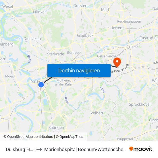 Duisburg Hbf to Marienhospital Bochum-Wattenscheid map