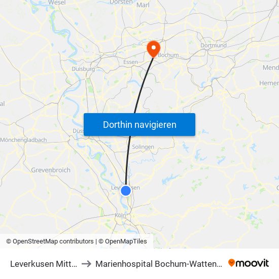 Leverkusen Mitte Bf to Marienhospital Bochum-Wattenscheid map