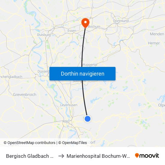 Bergisch Gladbach Bensberg to Marienhospital Bochum-Wattenscheid map