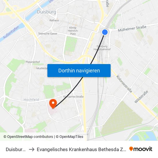 Duisburg Hbf to Evangelisches Krankenhaus Bethesda Zu Duisburg Gmbh map