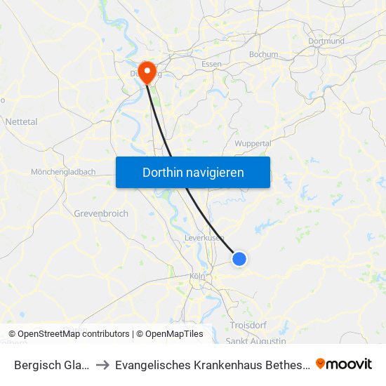 Bergisch Gladbach (S) to Evangelisches Krankenhaus Bethesda Zu Duisburg Gmbh map