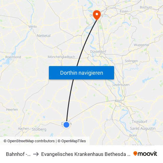 Bahnhof - Düren to Evangelisches Krankenhaus Bethesda Zu Duisburg Gmbh map