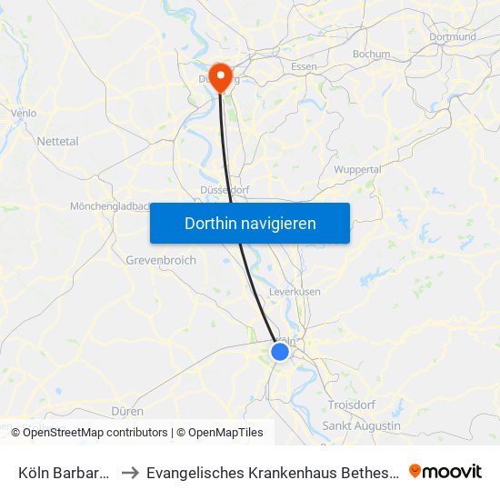 Köln Barbarossaplatz to Evangelisches Krankenhaus Bethesda Zu Duisburg Gmbh map