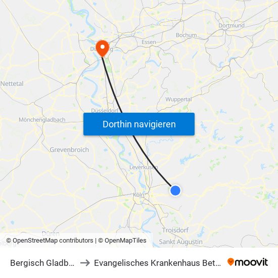 Bergisch Gladbach Bensberg to Evangelisches Krankenhaus Bethesda Zu Duisburg Gmbh map