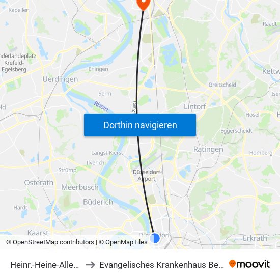 Heinr.-Heine-Allee U - Düsseldorf to Evangelisches Krankenhaus Bethesda Zu Duisburg Gmbh map