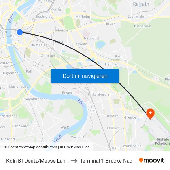 Köln Bf Deutz/Messe Lanxess Arena to Terminal 1 Brücke Nach Abflug C map