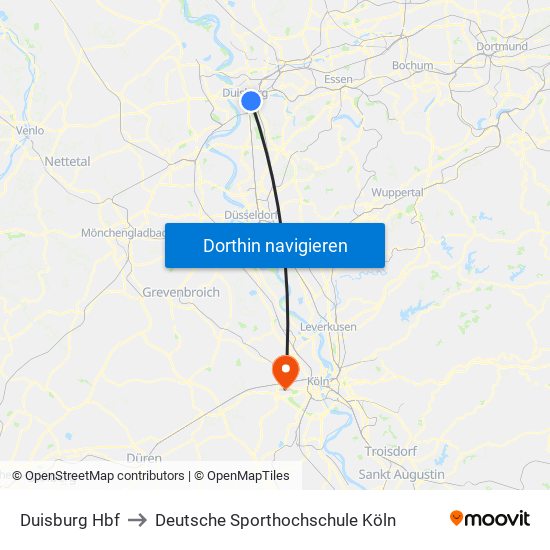 Duisburg Hbf to Deutsche Sporthochschule Köln map