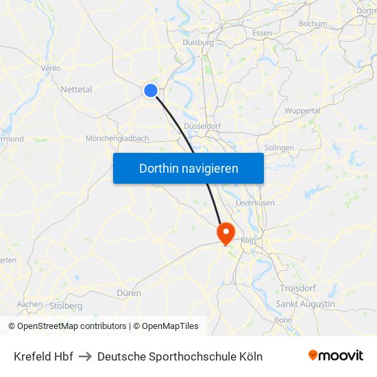 Krefeld Hbf to Deutsche Sporthochschule Köln map